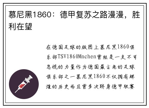 慕尼黑1860：德甲复苏之路漫漫，胜利在望